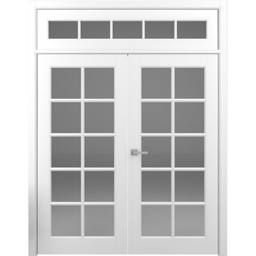 Двухстворчатая распашная дверь с верхней фрамугой Классика 5 белая со стеклом