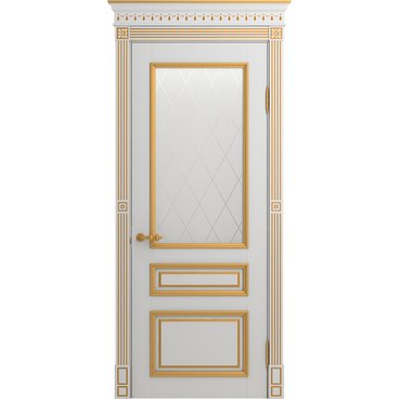 Межкомнатная дверь массив бука Viporte Рим белая эмаль патина золото остеклённая