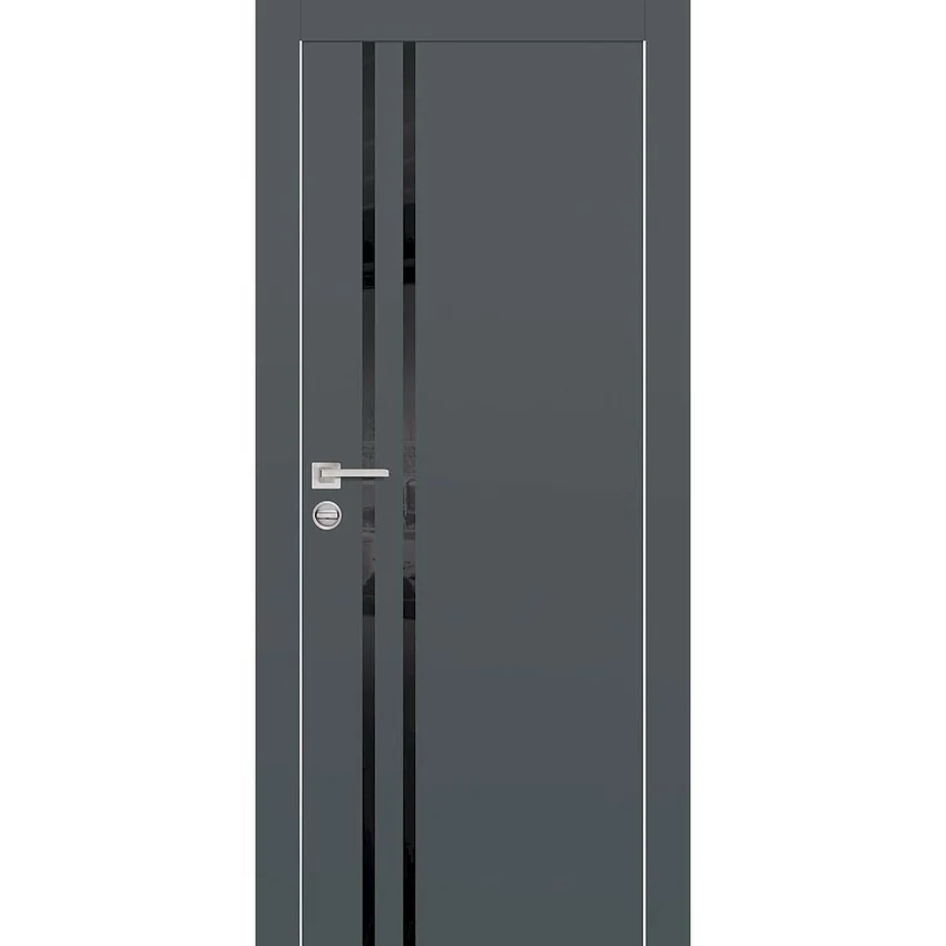 Межкомнатная дверь экошпон Profilo Porte PX-11 графит с алюминиевой кромкой с 4-х сторон стекло Lacobel чёрный