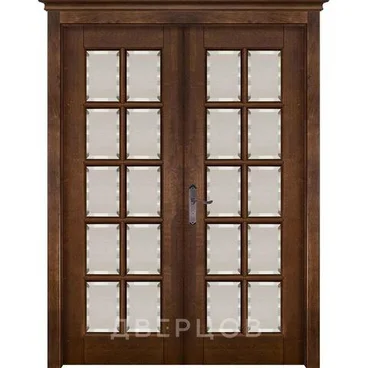 Межкомнатная дверь массив ольхи ОКА Лондон 2 античный орех распашная двустворчатая остеклённая