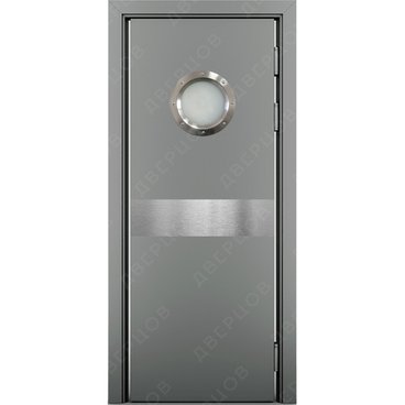 Маятниковая влагостойкая дверь Kapelli серый RAL 7040 с иллюминатором и отбойной пластиной посередине