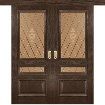 Межкомнатная двустворчатая дверь купе шпон Luxor Фараон 2 дуб морёный со стеклом