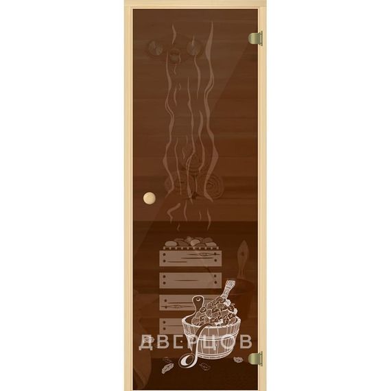 Фото двери для бани и сауны бронзовая с рисунком Банька ручка кноб