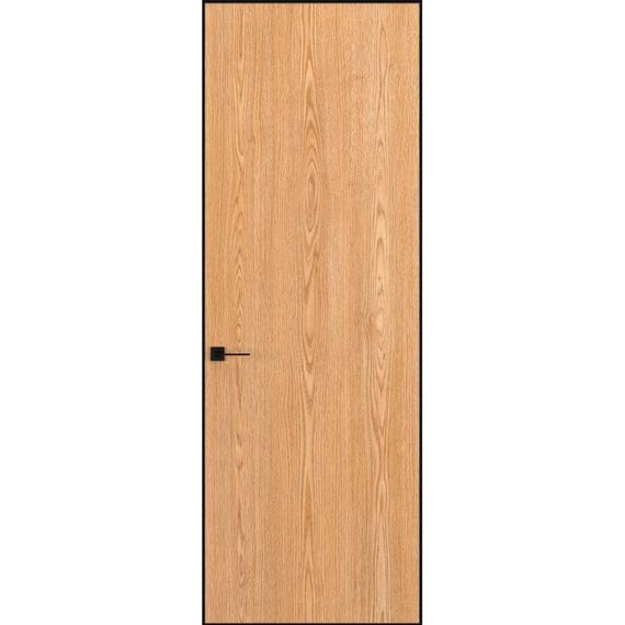 Фото скрытой двери в шпоне натурального дуба с черной алюминиевой кромкой