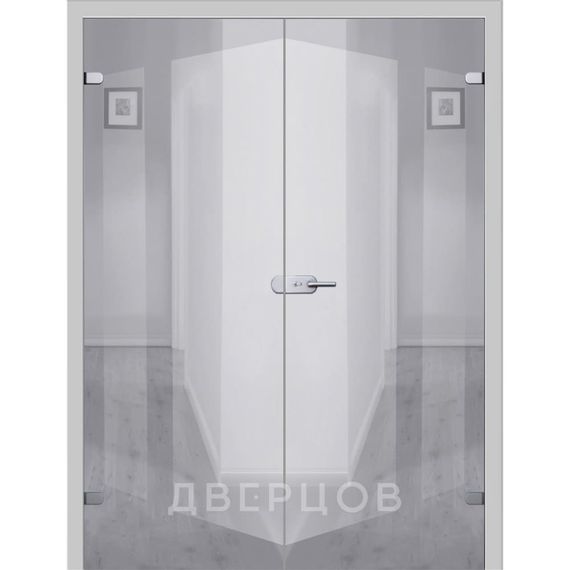 Фото стеклянной распашной двухстворчатой двери Лайт стекло прозрачное с коробкой и наличниками в цвете манхеттен