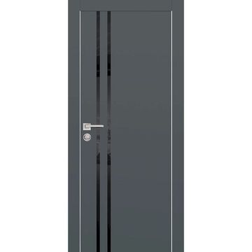 Межкомнатная дверь экошпон Profilo Porte PX-11 графит с алюминиевой кромкой с 4-х сторон стекло Lacobel чёрный
