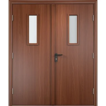 Дверь противопожарная деревянная двупольная ПВХ EI60 итальянский орех со стеклом