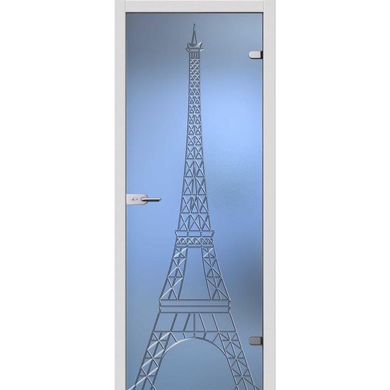 фотография стеклянной двери Акма Башня с наличниками из экошпона в цвете аляска