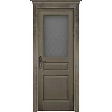 Межкомнатная дверь массив сосны ОКА Пандора Браш эмаль олива стекло графит с гравировкой