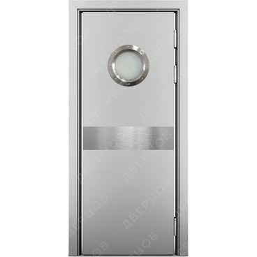 Маятниковая влагостойкая дверь Kapelli серый RAL 7035 с иллюминатором и отбойной пластиной посередине