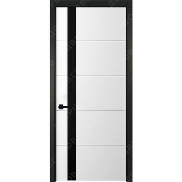 Межкомнатная белая дверь Геометрия 7 с чёрным наличником остеклённая
