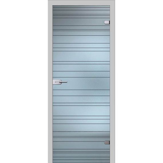 фотография стеклянной двери грация белое сатинато с наличниками из экошпона в цвете манхеттен