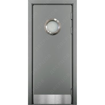 Маятниковая влагостойкая дверь Kapelli серый RAL 7040 с иллюминатором и отбойной пластиной