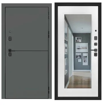 Входная стальная дверь SL-1 ПВХ графит мягкая шагрень панель ПВХ белоснежная мягкая шагрень с зеркалом