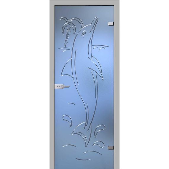 фотография стеклянной двери Акма Дельфин с наличниками из экошпона в цвете манхеттен