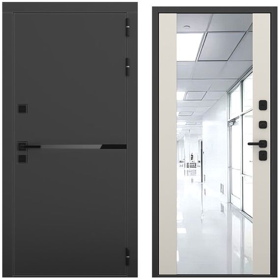 Входная дверь Горизонт чёрный кварц панель зеркало Maxi силк грей