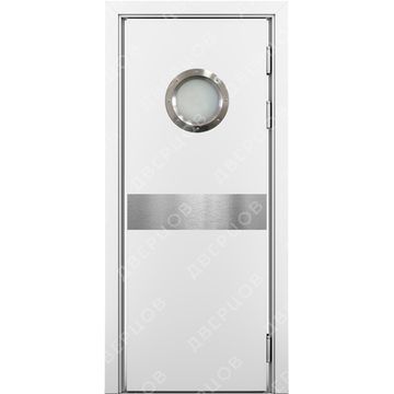 Маятниковая влагостойкая дверь Kapelli белая с иллюминатором и отбойной пластиной посередине